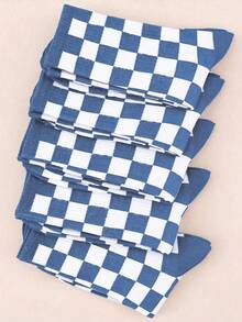 1/5 Pasang Kaos Kaki Setengah Betis, Jacquard Kotak-kotak Merah dan Putih, Manset Bergaris, Bernapas dan Menyerap Keringat, Kaos Kaki Kasual Vintage, Unisex - Blue and White - View 4