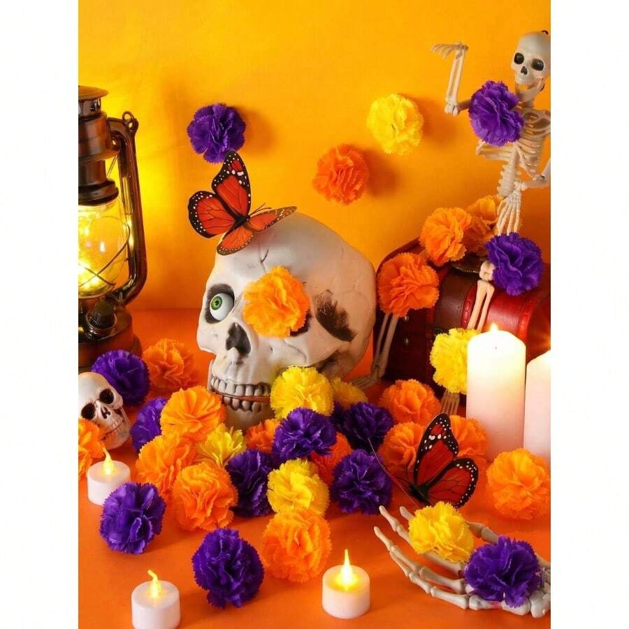 MEHELANY 30/10/5 pieces Artificial floral arrangement of calendula and carnation with monarch butterfly decoration, faux flower decor for Mexican altar, autumn wedding, Halloween party backdrop, fireplace door arch decoration, DIY crown craft materia - Amarillo - Ver 1