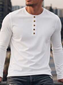 Men's Spring/Autumn Fashion Casual Button-Up Slim Fit Regular Shoulder Henley Collar Long Sleeve T-Shirt - White - View 1