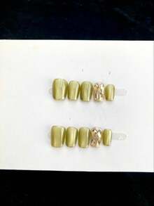 10pcs Handmade Press-On Nails, Y2K Style, Autumn Maple Leaf Color Palette, Autumn Floral & White Gradient, Caramel Gradient, Suitable For Girls And Women For Festivals, Music Festivals, Daily Wear, Valentine's Day Gift - Gold - View 2