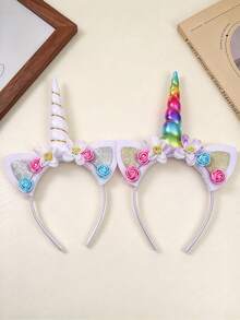 2pcs Cute Unicorn Horn Flower Decor Headband, Party Costume Headpiece, Photo Prop, Holiday Styling Headband - Multicolor - View 20