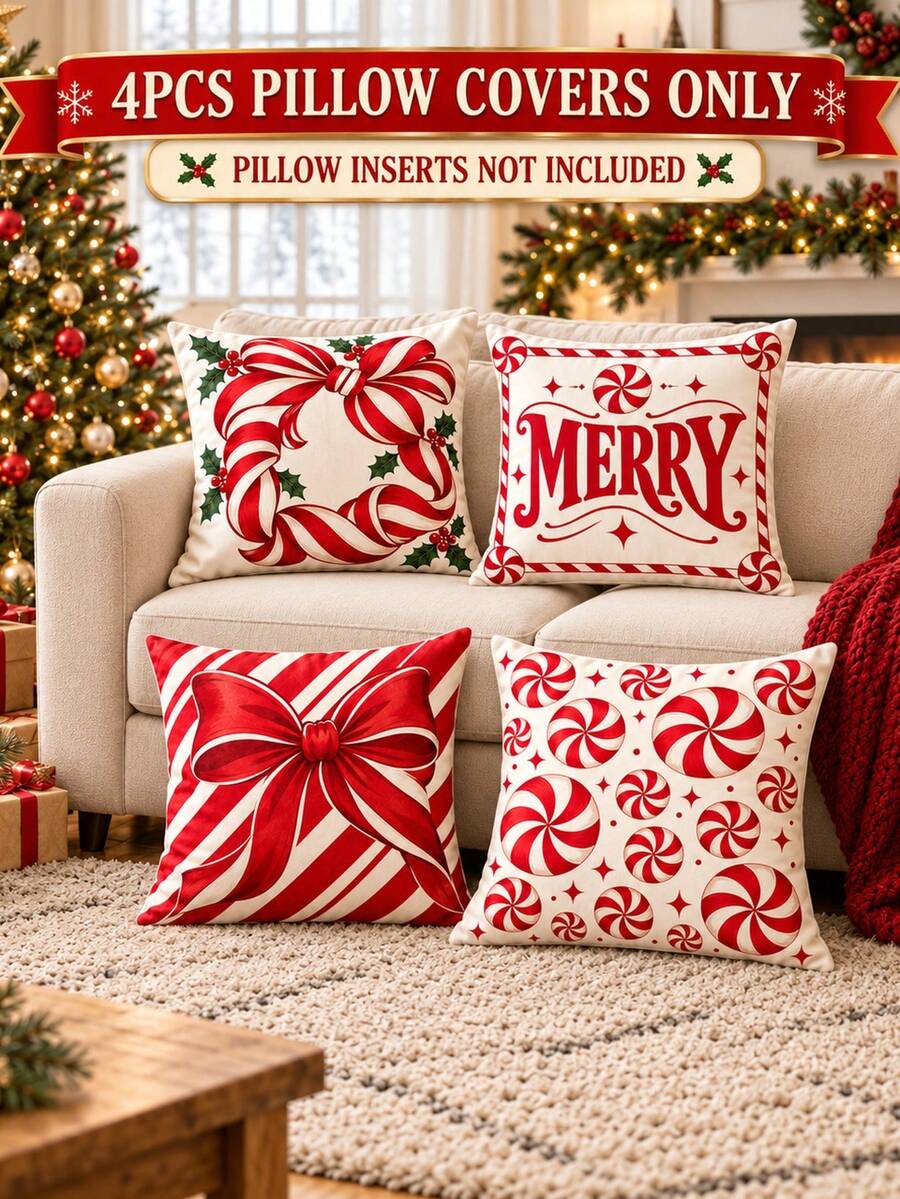 4 Buah Sarung Bantal Hias Natal Vintage Merah & Putih Motif Peppermint, Karangan Bunga Pita, Tulisan MERRY, Motif Pita & Permen, Cetakan Satu Sisi Super Lembut, Cocok Untuk Sofa, Ruang Tamu, Dekorasi Liburan Kamar Tidur, Isian Bantal Tidak Termasuk