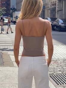 Fashion Women's Fitted Corset Style Camisole, Short Polyester Tank Top, Spaghetti Strap Neckline, Summer Fashion Outfit - Khaki - View 2