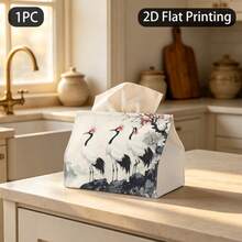 1pc Tissue Box Exquisite Sunset Red-Crowned Crane Ink Painting Pattern Napkin Storage Box Decorative 2D Printed Tissue Holder For Kitchen Living Room Bedroom Bathroom Car Home Decor Organizer Perfect Christmas Gift For Family And Friends - Multicolor - View 7