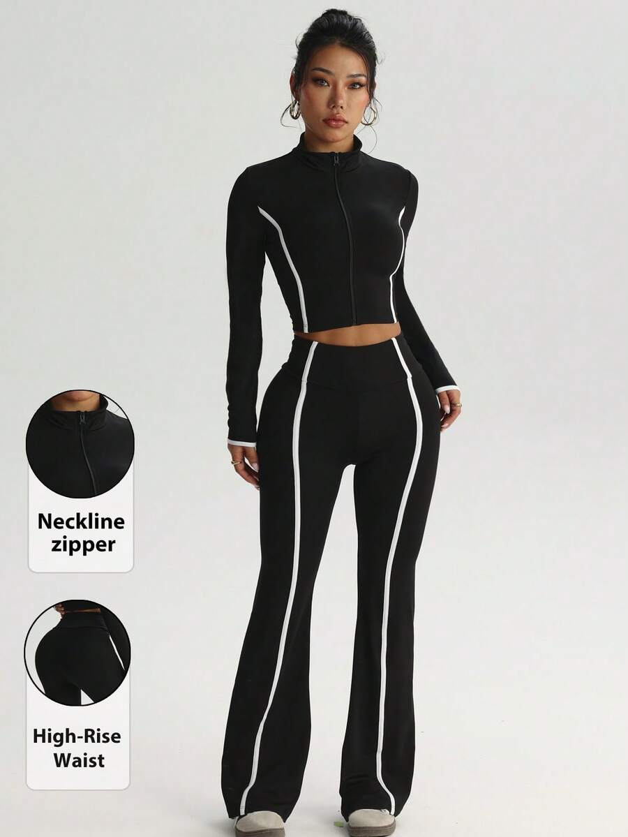 Women's Black Fashionable Small Stand Collar Long Sleeve Zipper Top And Flared Pants Casual Sports Knit 2 Pieces Set - Black - View 1