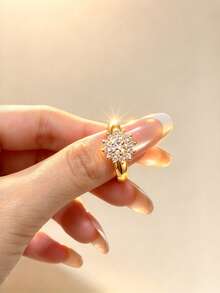 18K Gold Plated Women's Double Band Ring, Round Cut Zirconia Stackable Exaggerated Ring, Elegant Wedding Party Jewelry - Gold - View 9