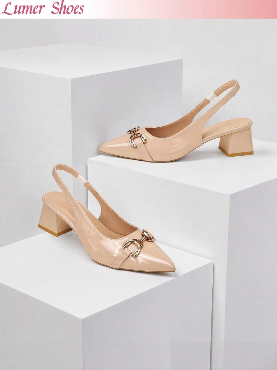 Refined Slingback Pointed Toe Block Heels, Buckle Ornament Pumps, Business Meeting Footwear, Women Elegant Party Pumps - Apricot - View 1