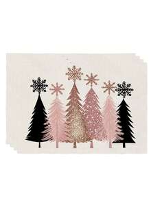 4Pcs Pink Rose Gold Christmas Tree Placemats Snowflake Xmas Tree Table Mats Modern Farmhouse Winter Holiday Dining Table Decor - Pink - View 11