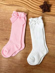 2 Pairs Girls' Bow Cotton High Tube Socks, Breathable Non-Sweaty Dopamine Long Calf Socks - Multicolor - View 2