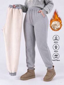 Celana Panjang Wanita Warna Polos dengan Tali Serut dan Lapisan Termal, Celana Panjang Tebal dan Nyaman dengan Lipatan di Bagian Bawah, Cocok untuk Aktivitas Luar Ruangan Musim Gugur/Musim Dingin dan Pakaian Sehari-hari - Light Grey - View 2