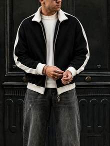 Men's Autumn/Winter Casual Versatile Minimalist Colorblock Zip-Up Sweatshirt Long Sleeve Sweatshirt For Commuting And Travel - Black - View 2