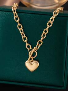 1pc Fashionable Summer Golden Stainless Steel OT Buckle Heart-Shaped Pendant Necklace, Suitable For Women, Versatile Jewelry Accessory Gift, USA, No Gift Box Included Valentines - Heart Necklace - View 9