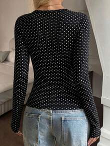 Autumn/Winter Polka Dot Halter Neck Tie Long Sleeve T-Shirt Top For Women - Black - View 3