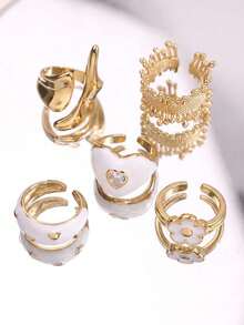 5pcs Vintage Fashion High-End Elegant Unique Geometric Heart-Shaped Oil Drop Ring Set For Women, Holiday Party Daily Wear Jewelry - Multicolor - View 5