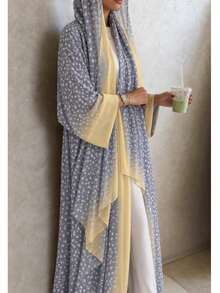 Women's Chiffon Long Sleeve Long Abaya Dress, Polka Dot Print, Spring Autumn Casual Flowy Cardigan - Blue - View 5