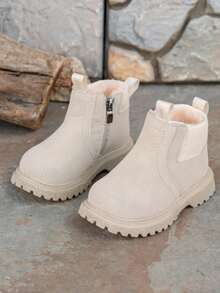 1 Pasang Sepatu Bot Salju Hangat Berlapisan Bulu Domba untuk Anak-anak Unisex, Warna Polos dengan Pola Tekstur, Sepatu Bot Luar Ruangan Anak-anak Musim Gugur/Dingin - Krem - View 4