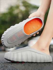 GAISIMA Men's Hollow Breathable Thick Sole Slide Sandals, Unisex Perforated Street Style Height-Increasing Slippers, Suitable For Outdoor, Daily, Bathroom Wear - Light Grey - View 5