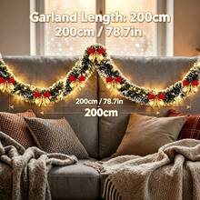 1pc Christmas LED Garland Lights With Red & Gold Bow Decorations, Bendable Faux Fur Ribbon String Lights, Warm White Festive Fairy Lights For Staircase Railing, Balcony, Fireplace Mantel, Window, Christmas Tree, Wedding, Party & Holiday Home Decor - Bow - View 3