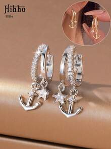Hihho 1 Pair European And American Anchor & Star Double Pendant Earrings, Pirate Ship Accessory Style Design, Rhinestone Inlaid, Versatile, Exquisite, Fashionable Women's Earrings, Suitable For Daily Wear, Vacation, Beach, Holiday Decoration, Gift - Earrings - View 1