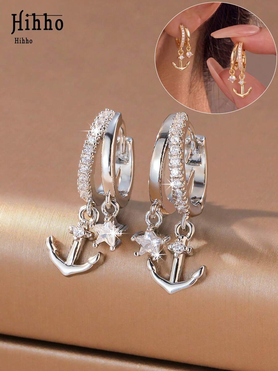 Hihho 1 Pair European And American Anchor & Star Double Pendant Earrings, Pirate Ship Accessory Style Design, Rhinestone Inlaid, Versatile, Exquisite, Fashionable Women's Earrings, Suitable For Daily Wear, Vacation, Beach, Holiday Decoration, Gift - Earrings - View 1