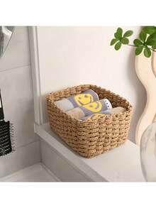 1pc Handmade Woven Natural Beige Storage Basket, Featuring Open Weave Design And Sturdy Rattan Structure, Perfect For Bathroom, Bedroom, Living Room, Dorm And Desk Use - A Stylish Home, Office And Shelf Organizer, Storage Basket - Multicolor - View 7