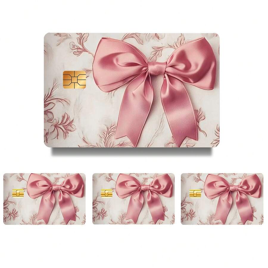 4pcs Vintage Pink Ribbon Bow Bank Card Stickers, Removable No Residue Waterproof Scratch-Resistant Credit Card Decorative Stickers - View 1