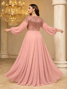 UNITHORSE[Random Cut]Sweetheart Neckline Tassel Decor Lantern Sleeve Cinched Waist Sequin Patchwork Chiffon Evening Dress - Pink - View 2