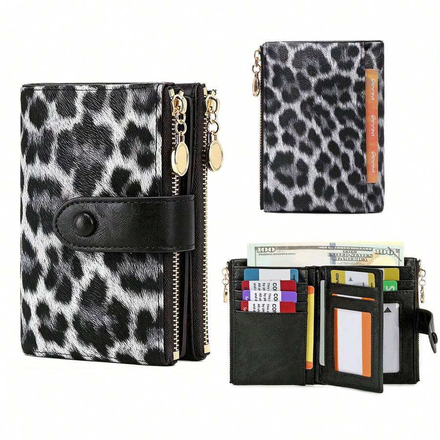 MIYIN Vintage Button Wallet, Business Casual Style, Multi-Card Slots, Coin Pocket, Portable Tri-Fold Design, Short Wallet, Vintage Zipper Wallet, Fashion Button Closure, Women's Daily Travel & Shopping Wallet, Women's Wallet, Small Wallet, Leopard Print Wallet