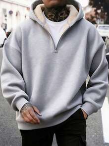 Autumn/Winter! Men's Half-Zip Thermal Lined Thick Hooded Pullover Sweatshirt - Grey - View 2