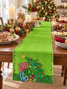 1pc Christmas Table Runner, Green HO HO HO Christmas Tree Light Print Linen Table Runner, Festive Rectangular Dining Table Decor For Kitchen, Family Dinner, Xmas Party, Holiday Banquet, Winter Farmhouse Home Decoration - A - View 3