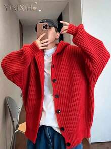 【YIXIXIHO】秋服 メンズ フード付き ボタン ゆったり 編みカーディガン - レッド - チェックする 4