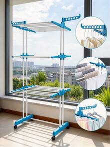 Foldable Extra Large 4-Tier Clothes Drying Rack, Equipped With Universal Wheels, Side Hooks, Large Drying Space, Stable Structure, Space Saving, Suitable For Balcony, Laundry Room, Indoor And Outdoor, Adjustable Movable Clothes Drying Rack. - Random Color - View 8