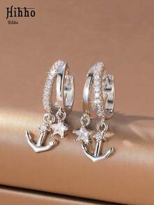 Hihho 1 Pair European And American Anchor & Star Double Pendant Earrings, Pirate Ship Accessory Style Design, Rhinestone Inlaid, Versatile, Exquisite, Fashionable Women's Earrings, Suitable For Daily Wear, Vacation, Beach, Holiday Decoration, Gift - Earrings - View 9