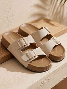 Women's Double Strap Adjustable Buckle Thick Sole Slides, Beige Matte Upper, Casual Commute Outdoor Wear, Versatile Slip-On Comfortable Easy-To-Wear - White - View 5
