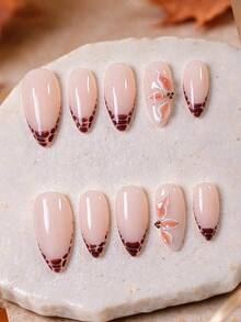10pcs Handmade Reusable Press-On Nails, Almond Shape Nude Pink Base, Brown Striped French Tip, Hand-Painted 3D Asymmetrical Petal Carving With Rhinestone Decor, Elegant Vintage Manicure, Suitable For Autumn Daily, Date, Party Wear - Chocolate Brown - View 4