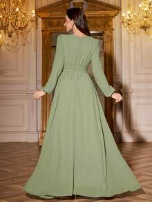 Volly Toych Gaun Maxi Bridesmaid Chiffon Lengan Panjang Elegan, Lengan Tanpa Lapisan, Dengan Leher Bulat Berkerut di Bagian Dada untuk Acara Spesial, Sempurna untuk Berbagai Acara - Hijau matcha - View 3