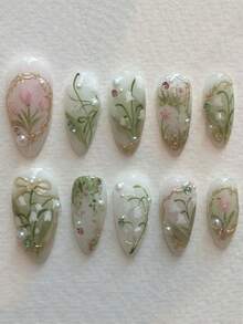 24pcs Almond Short Detachable Fake Nail Set, Green Floral Pattern With Glossy Finish, 3D Rhinestone Design, Detachable Sweet Orchid Style - Multicolor - View 7