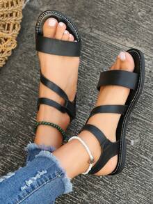 Women's Summer Black Multi-Strap Flat Sandals Open Toe Hook And Loop Buckle Casual Outdoor Beach Sandals - Black - View 7