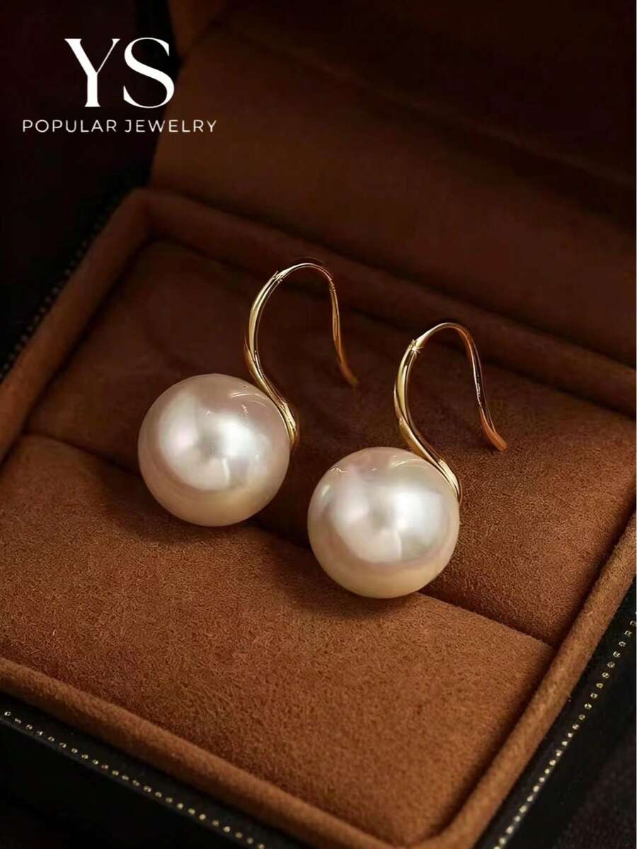 1 Pair Minimalist Women's Large Faux Pearl Stud Earrings, White Princess Fairy Accessory Earrings With Anti-Drop Hook Design, Gift Jewelry - White - View 1
