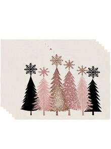 4Pcs Pink Rose Gold Christmas Tree Placemats Snowflake Xmas Tree Table Mats Modern Farmhouse Winter Holiday Dining Table Decor - Pink - View 12