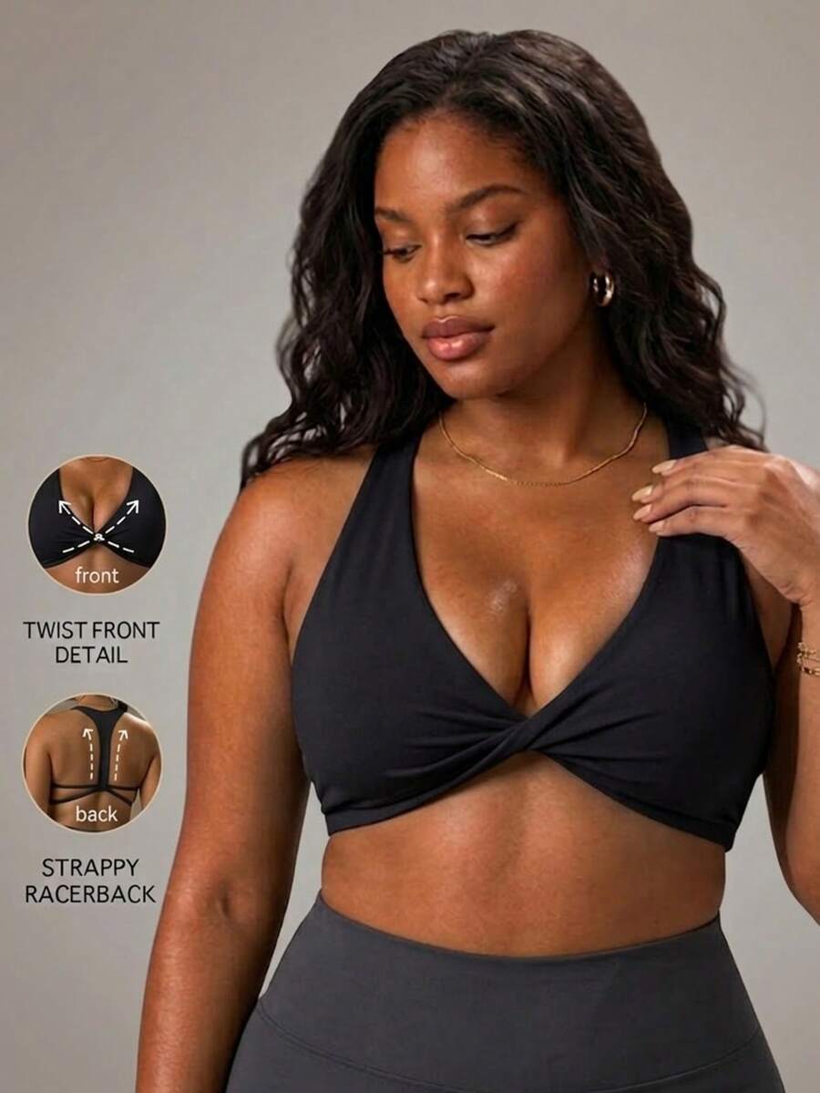 Plus Size Women's Black Deep V-Neck Front Knot Spaghetti Strap Racerback Sports Bra, Suitable For Yoga, Hiking, Daily Wear - Black - View 1