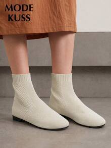 MODE KUSS New Women's Fashionable Autumn/Winter Versatile Elastic Knit Sock Boots, Mesh Breathable Fabric, Slip-On Square Toe Flat Soft Leg-Hugging Minimalist Ankle Boots - Beige - View 3