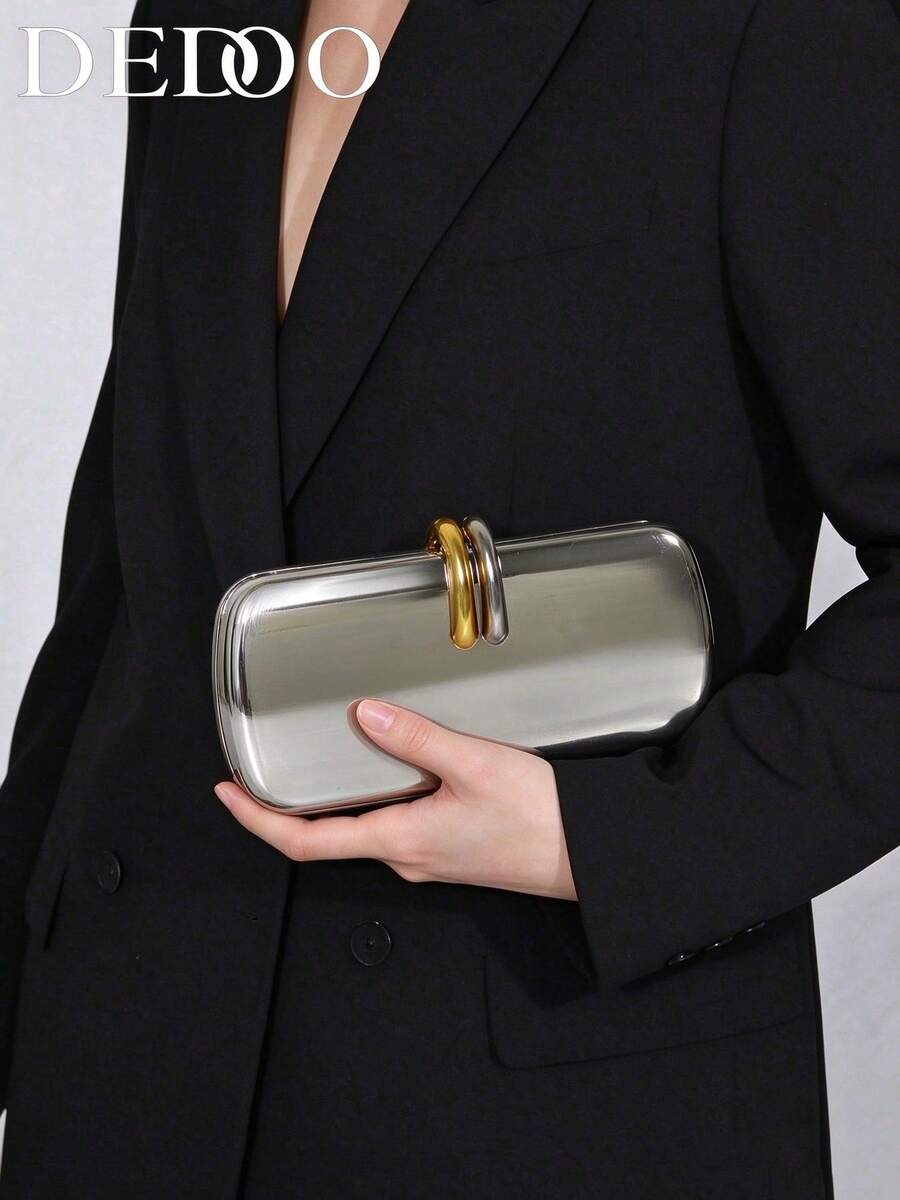 Silver Mirror Evening Clutch Bag,Shiny Metallic PU, Two-Tone Gold Silver Metal Ring Clasp, Modern Luxury Style,Handbag For Wedding Prom Cocktail Party