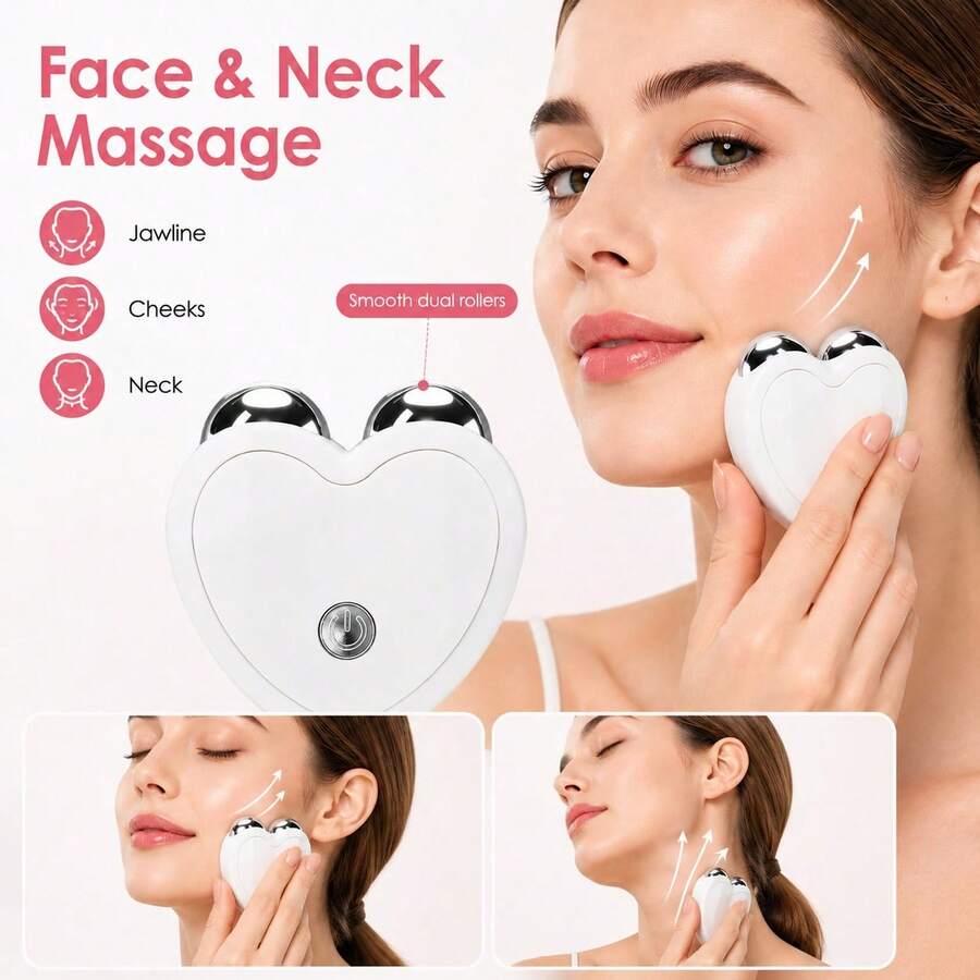 Electric Facial Massager, Dual Roller Facial Massage Tool, Heart-Shaped Portable Beauty Device, Suitable For Face And Neck, One-Button Operation, 200mAh