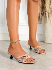 Women's Mesh Bow Open Toe Round Toe Stiletto Heel Sandals, Luxury Party Style Summer Sandals - Apricot - View 1