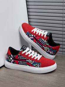 Men's Retro Colorblock Print Suede Patchwork Colorful Pattern Thick Sole Casual Sneakers - White and Red - View 2
