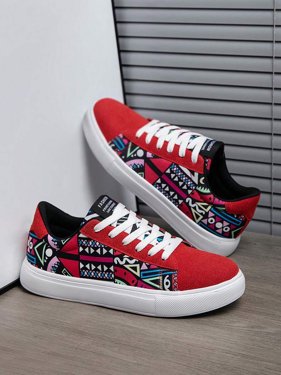 Men's Retro Colorblock Print Suede Patchwork Colorful Pattern Thick Sole Casual Sneakers