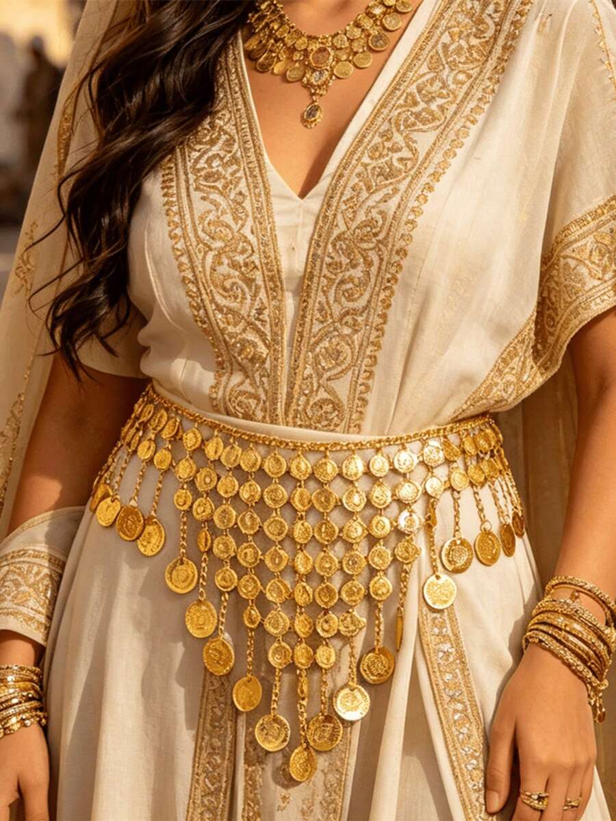 1pc Gold Long Tassel Draped Design Women's Belt, Dance Performance Exaggerated Waist Belt, Bridal Wedding Fashion Accessory - One Size - View 1