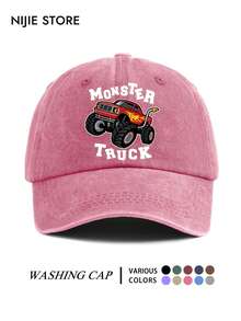 Fun Monster Truck Red Big Foot Off-Road Truck Pattern Hat, Vintage Washed Distressed Baseball Cap, Street Style Personalized Baseball Cap - A - View 6