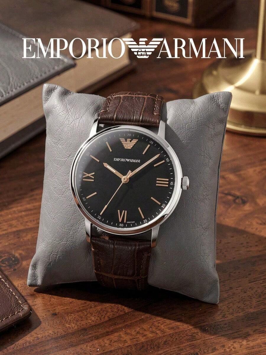 Armani AR11503 Retro MOP Ladies Watch,Rose‑Gold Round Case Iridescent MOP Dial Crystal Roman Index Black Embossed Composite Strap Wristwatch - Brown - View 1